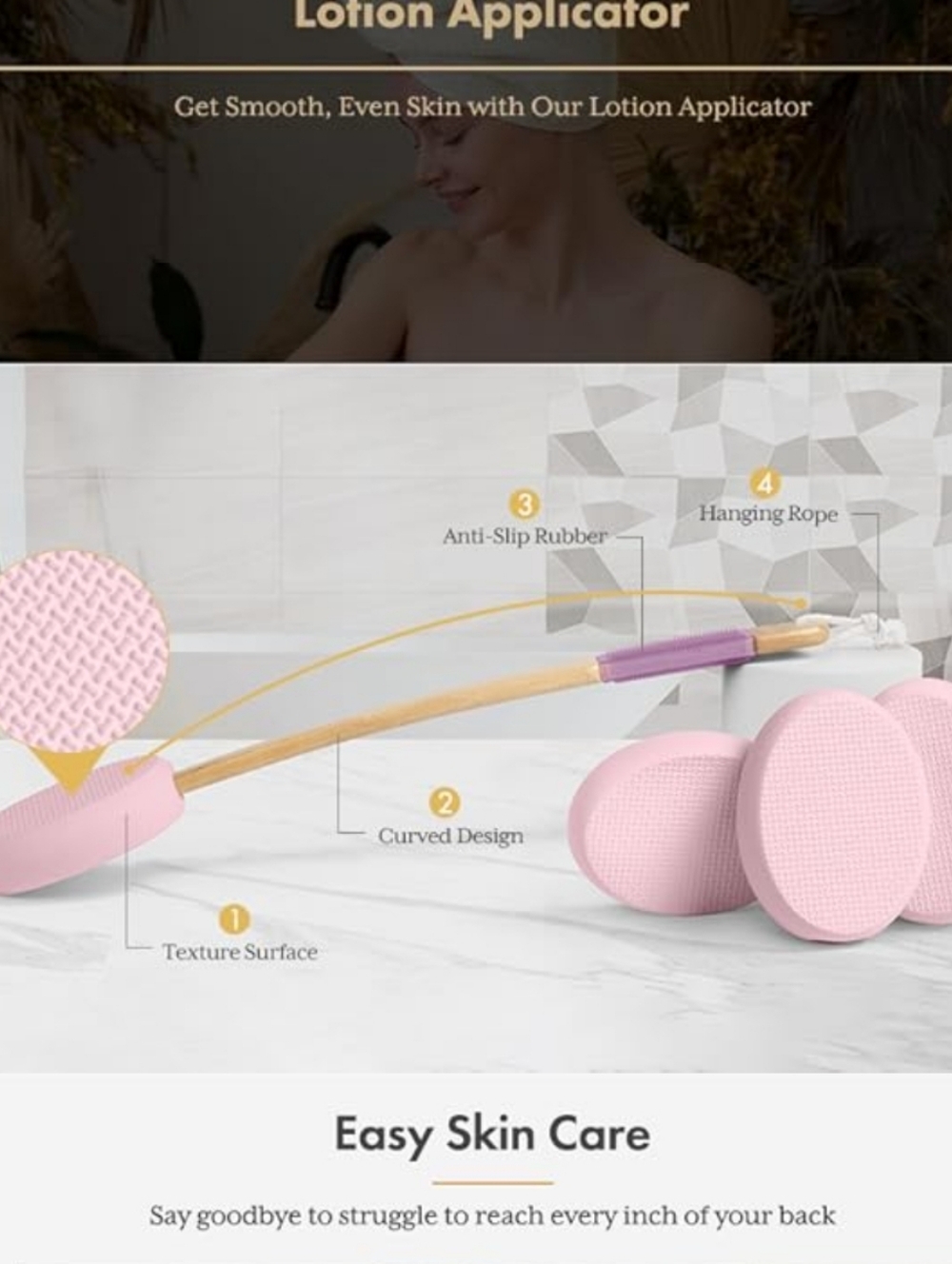 Pink Long-Handle Lotion Applicator with Textured Pads